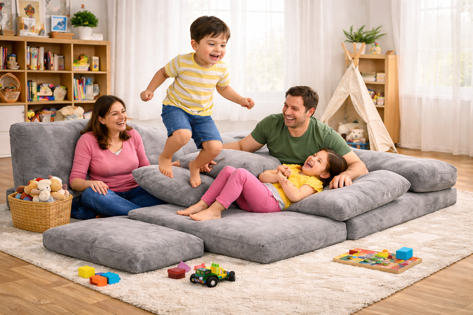 A Boneless Couch In A Living Room Of A Family With Parent And Kids 8X86zfdOHG3gKfF9