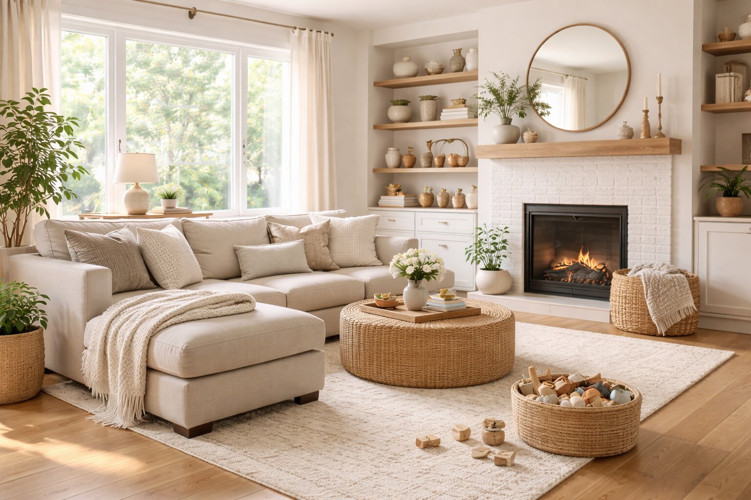 a bright and tidy home corner with natural light, soft neutral decor, and practical everyday styling