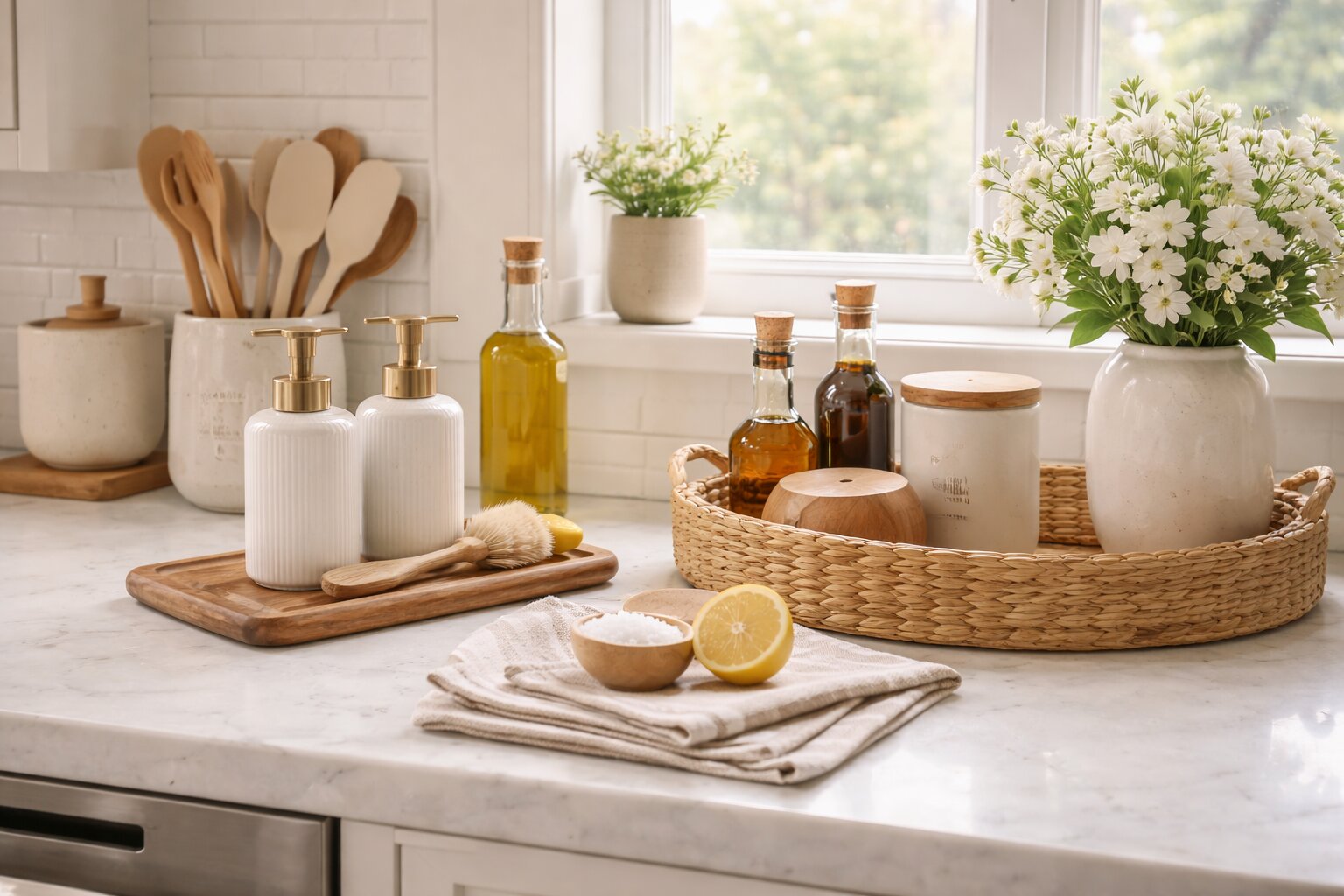 a clean kitchen counter with thoughtfully arranged home products in soft natural light
